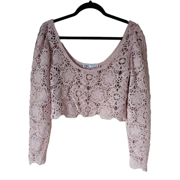 Zara pink knit crochet  top blouse cropped size L. - Picture 3 of 7